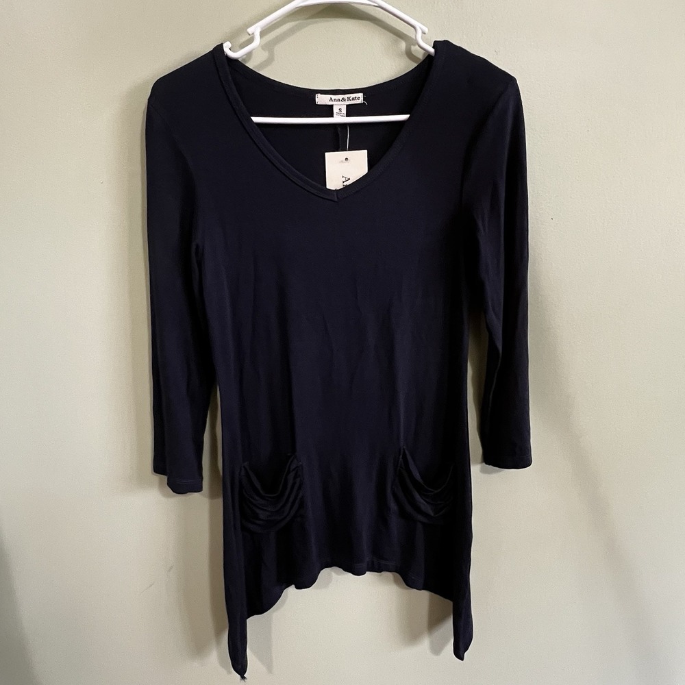 NEW! Ana & Kate Navy‎ Blue Long Tunic Top With Pockets Women's Size Small